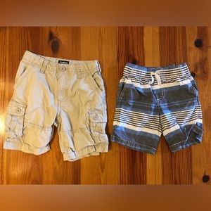 Two pairs of boys shorts, size 4, one khaki cargo and one striped blue